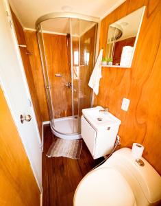 uma casa de banho com um chuveiro, um WC e um lavatório. em Tiny House Aire en La Juanita em José Ignacio