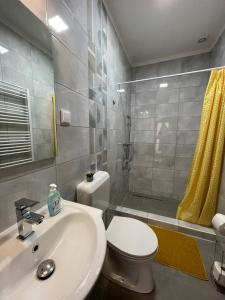 un bagno con lavandino, WC e doccia di Dóra Vendégház a Csongrád