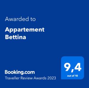 Certifikát, ocenenie alebo iný dokument vystavený v ubytovaní Appartement Bettina