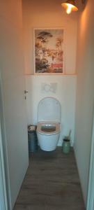 a bathroom with a toilet with a picture on the wall at Fort Costebelle in Hyères