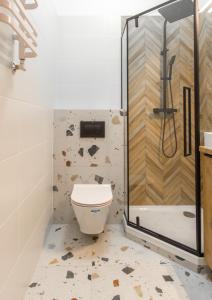 a bathroom with a toilet and a shower at Golden Apartments/SobF in Katowice