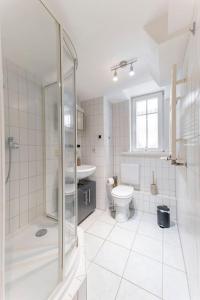ein Bad mit einer Dusche, einem WC und einem Waschbecken in der Unterkunft Altstadt pur im Herzen Marburgs in Marburg an der Lahn