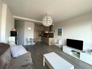 een woonkamer met een bank, een tv en een tafel bij Studio moderne et lumineux centre ville Aix les Bains in Aix-les-Bains
