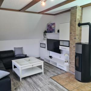 a living room with a couch and a flat screen tv at Willingen, zeit für Dich in Frankenau