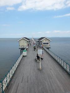 a pier with houses and people on it in the water at Penarth Town Terrace, close to cafes, beaches, Cardiff in Cardiff