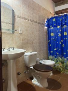 a bathroom with a sink and a toilet and a shower curtain at Mis Soles in Santa Ana