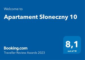 Certyfikat, podpis lub inny dokument wystawiony w obiekcie Apartament Słoneczny 10