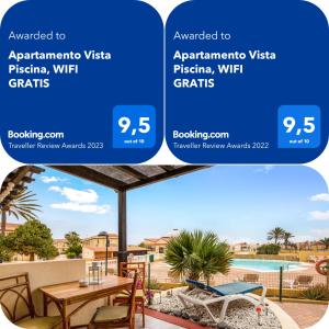 a flyer for a patio with a table and chairs at Apartamento Vista Piscina o Terraza, Wifi GRATIS in Costa Calma