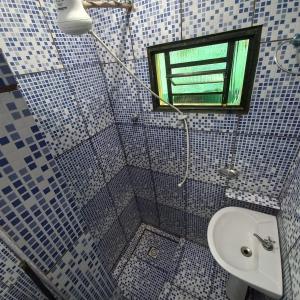 uma casa de banho com um chuveiro, um lavatório e uma janela em Hospedaria Oliveira em São Tomé das Letras