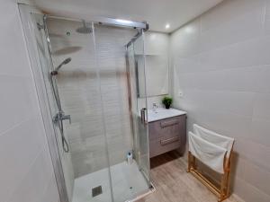 W łazience znajduje się prysznic i umywalka. w obiekcie Apartamento Montse Zaragoza w Saragossie