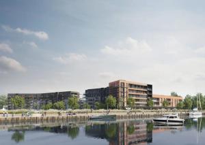 una representación de una ciudad con barcos en el agua en Gdańsk Marina Nadmotlawie en Gdansk