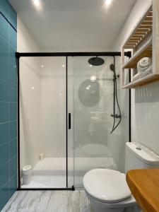 y baño con ducha y aseo. en Apartamentos LÓRIEN Zarautz, en Zarautz