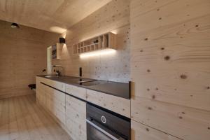 a kitchen with wooden walls and a sink and a stove at Chalets Lara & Louise in Rieden