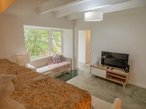 ein Wohnzimmer mit einem Sofa und einem TV in der Unterkunft Casa Som do Rio in Ponte de Lima