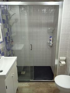een badkamer met een douche, een toilet en een wastafel bij Nice Place Santa Pola in Santa Pola