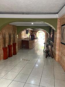 a hallway with an archway and a table in a kitchen at Hotel Vigo in Guadalajara