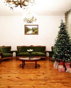 a living room with a christmas tree and a table at Sweet Vibe Home in Almaty