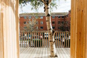 een uitzicht op een boom vanaf een veranda met een gebouw bij Delores Eco-Pod / Treehouse, Walk to Cabot Circus in Bristol