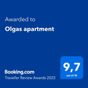 Certifikát, hodnocení, plakát nebo jiný dokument vystavený v ubytování Olgas apartment
