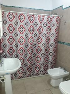ein Badezimmer mit einem WC, einem Waschbecken und einem Duschvorhang in der Unterkunft Apartamentos Naomi in El Carmen