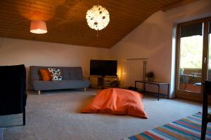 ein Wohnzimmer mit einem Sofa und einem TV in der Unterkunft Feinzimmer mit Feinkost & Wein in Marquartstein