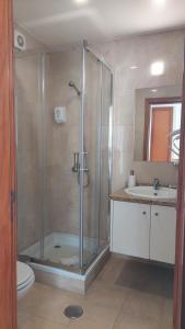 een badkamer met een douche, een toilet en een wastafel bij Varandas da Ria in Costa Nova