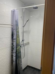 uma casa de banho com uma cortina de chuveiro em Skammidalur Guesthouse em Vík