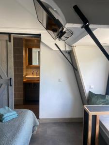 1 dormitorio con 1 cama y lavamanos en una habitación en De Bloesem, en Cothen
