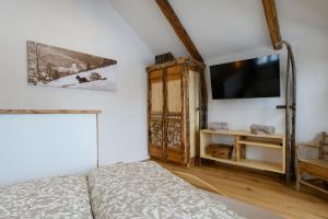 a bedroom with a bed and a tv on a wall at Goiserer Chalet in Bad Goisern