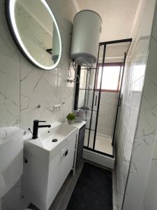 a bathroom with a sink and a mirror and a shower at Planinski raj in Kupres