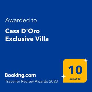 Casa D'Oro Exclusive Villa tanúsítványa, márkajelzése vagy díja