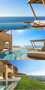 a collage of three pictures of a resort at Mani Theasis in Stoupa