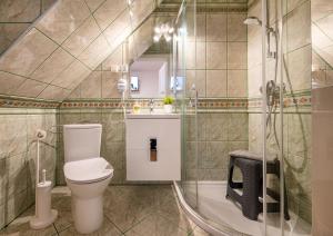 La salle de bains est pourvue d'une douche et de toilettes. dans l'établissement Apartamenty Plażowa 11, à Darłówko