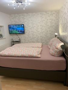 Schlafzimmer mit einem Bett und einem TV an der Wand in der Unterkunft Maison Grande Fleur in Metterich