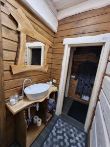 baño con lavabo en una cabaña de madera en Atpūtas māja Kaktiņi Rīga, en Ikšķile