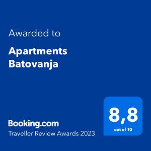 Certifikát, hodnocení, plakát nebo jiný dokument vystavený v ubytování Apartments Batovanja