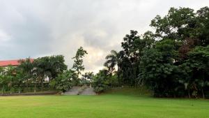 a green field with trees and stairs in a park at The Greenwood Resort, Guwahati in Guwahati