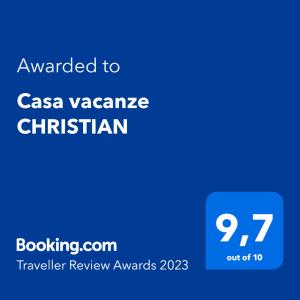 Certifikát, ocenenie alebo iný dokument vystavený v ubytovaní Casa vacanze CHRISTIAN
