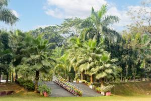 a group of stairs with flowers and palm trees at The Greenwood Resort, Guwahati in Guwahati