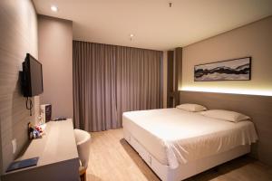 a hotel room with a bed and a television at Zahara Hotel in Limeira