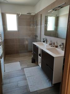 a bathroom with a sink and a shower with a mirror at RUE DU BAC in Villeneuve-de-la-Raho