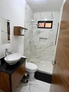 a bathroom with a sink and a toilet and a shower at AHAU Playa in Playa del Carmen