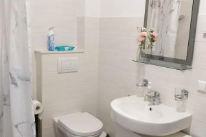 a bathroom with a sink and a toilet and a mirror at Ländliche Idylle in Neu Bötzow