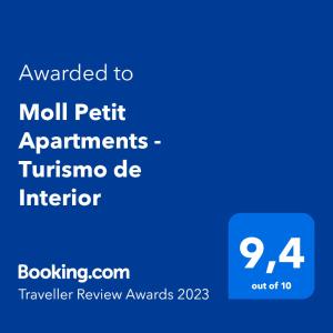 Сертификат, награда, табела или друг документ на показ в Moll Petit Apartments - Turismo de Interior