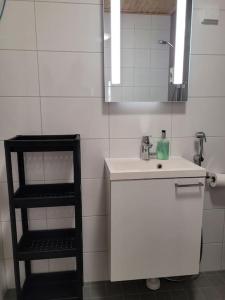 a bathroom with a sink and a mirror and a shelf at Bright studio apartment on the 6th floor in Kerava
