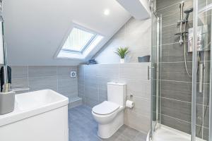 uma casa de banho com um WC, um lavatório e um chuveiro em Eden Grove Holiday Homes em Kirkby Thore