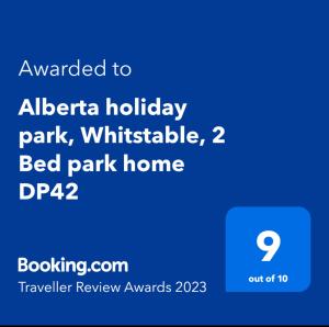 Sertifikatas, apdovanojimas, ženklas ar kitas apgyvendinimo įstaigoje Whitstable, DP42, 2 bed park home, Alberta Holiday Park matomas dokumentas