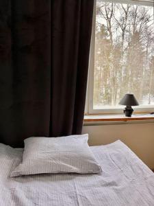 een bed in een slaapkamer met een raam en een lamp bij Apartment Mariankatu in Kokkola