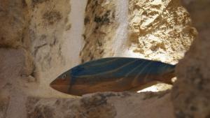 Un uccello blu è seduto su delle rocce di La Mansio del Vicolo a Mola di Bari