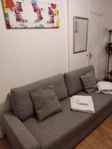 a gray couch in a living room with a picture on the wall at Studio Glacière in Paris